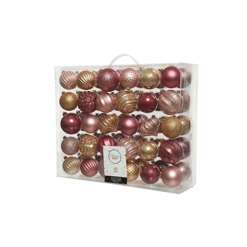 Ensemble de boules de Noël incassables Decoris de 60 pièces assorties rose blush, caramel écossais, rose velours.