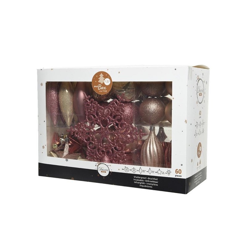 Decoris onbreekbaar Kerstballenset 59 assorti ballen met 1 piek. Velvet pink/blush/pink/parel
