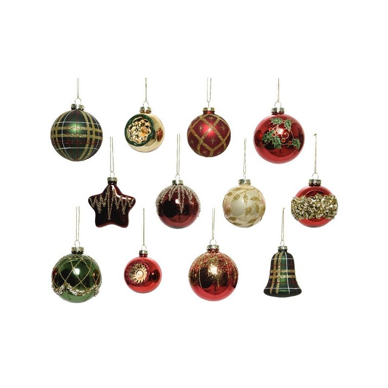 Boules de Noël de luxe Decoris en verre mélangé, couleurs de Noël assorties