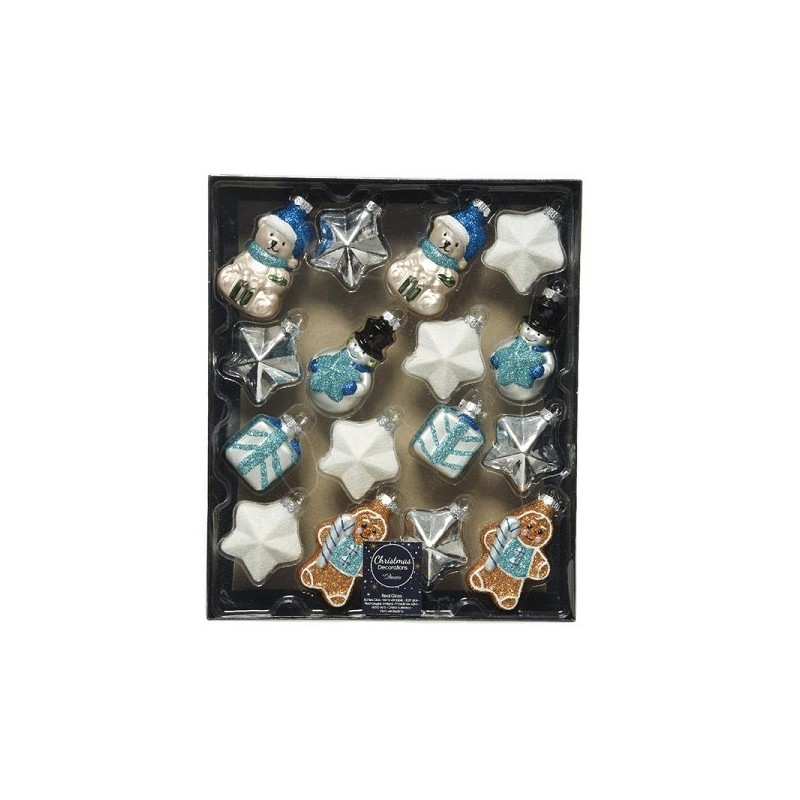Decoris Boule de Noël mélange de verre 16 décorations assorties blanc/argent/bleu/marron