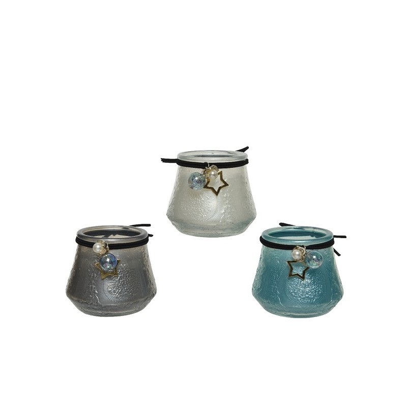 Decoris Kaars in glas met sterhanger  Ø7,3x6,8 verkrijgbaar in 3 verschillende kleuren en geuren