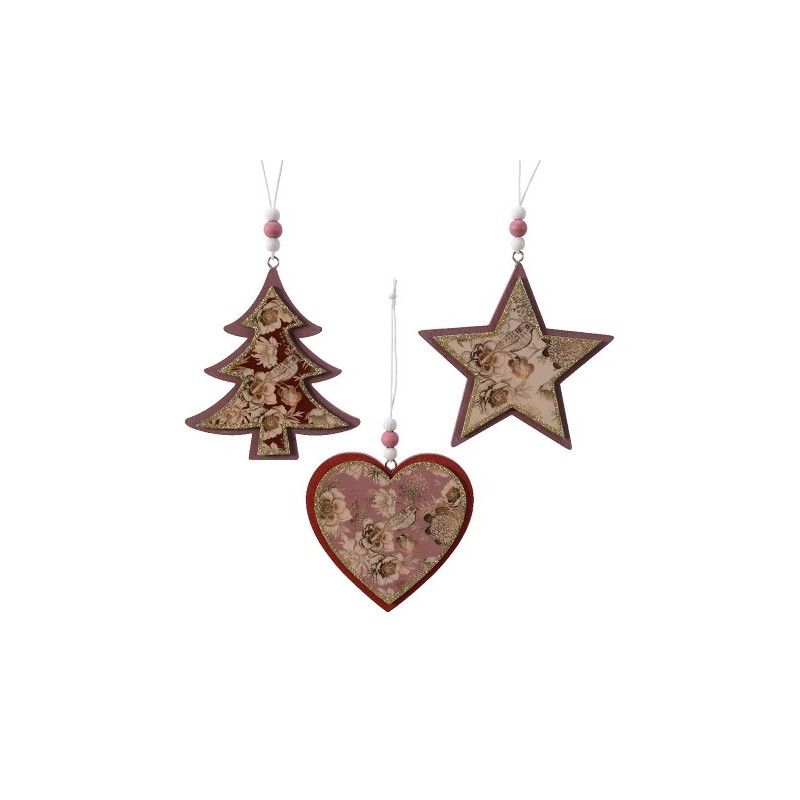 Decoris Kerst Ornament Figuur mdf Ster, Hart OF Kerstboom 10,5x10,5cm