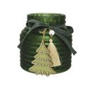 Decoris Waxinelichthouder glas Ø11x11,5cm groen met lint en hanger kerstboom