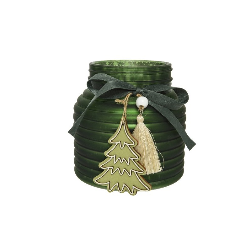 Decoris Waxinelichthouder glas Ø11x11,5cm groen met lint en hanger kerstboom