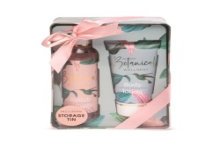 Botanical badgeschenkset in bedrukt blik, douchegel 180ml + body lotion 120ml