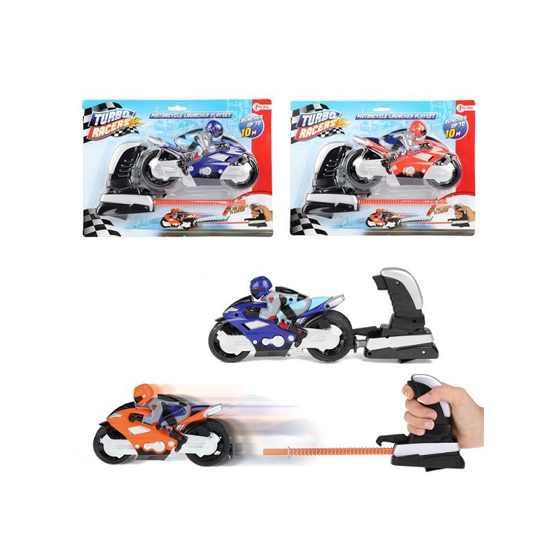 Toi Toys Turbo Racers tirant sur une moto avec un motocycliste
