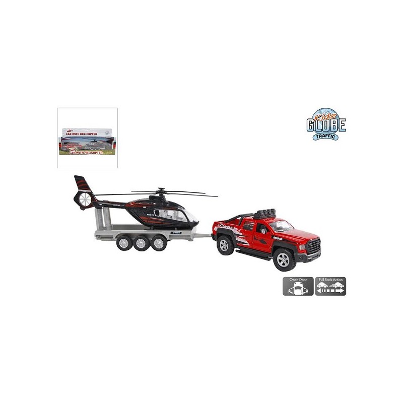 Kids Globe terreinwagen met trailer met helikopter 35cm