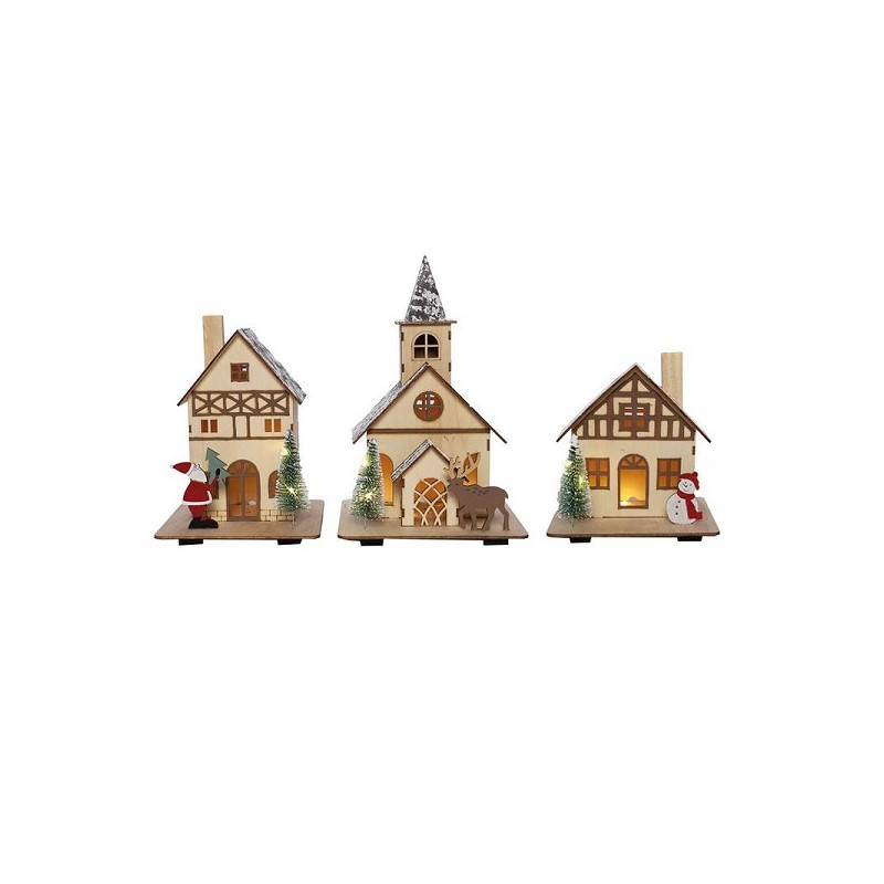 Maison ou église de Noël en bois LED 25cm