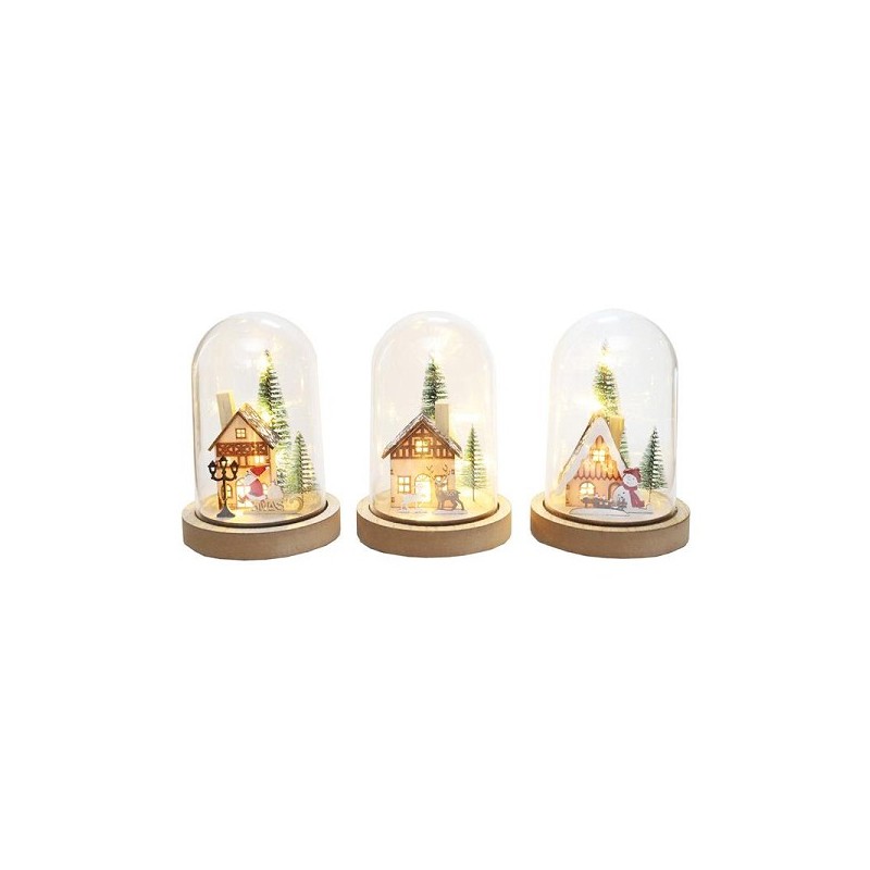 Cloche verre/bois avec maison de Noël LED 17cm