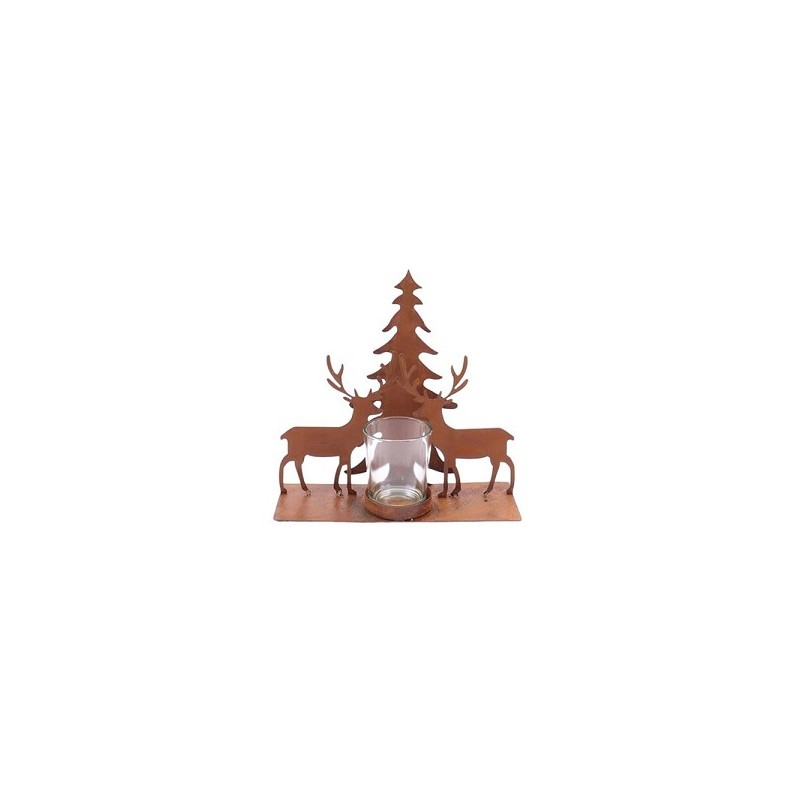 Theelichthouder Forest Silva metaal 20x7xh19cm Rusty met hert en kerstboom
