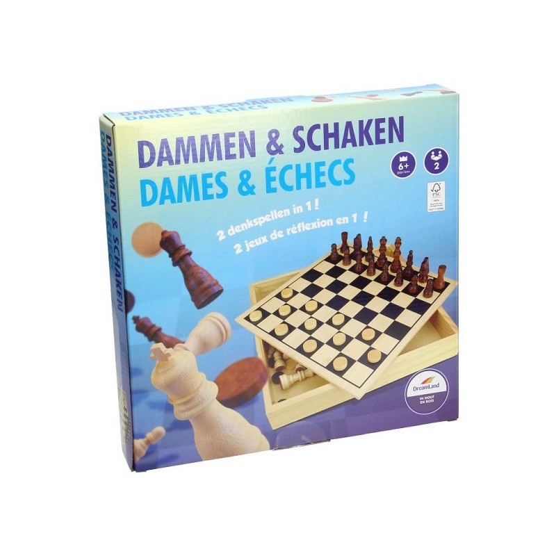 Dam- en schaakspel in houten doos 30x30x5cm