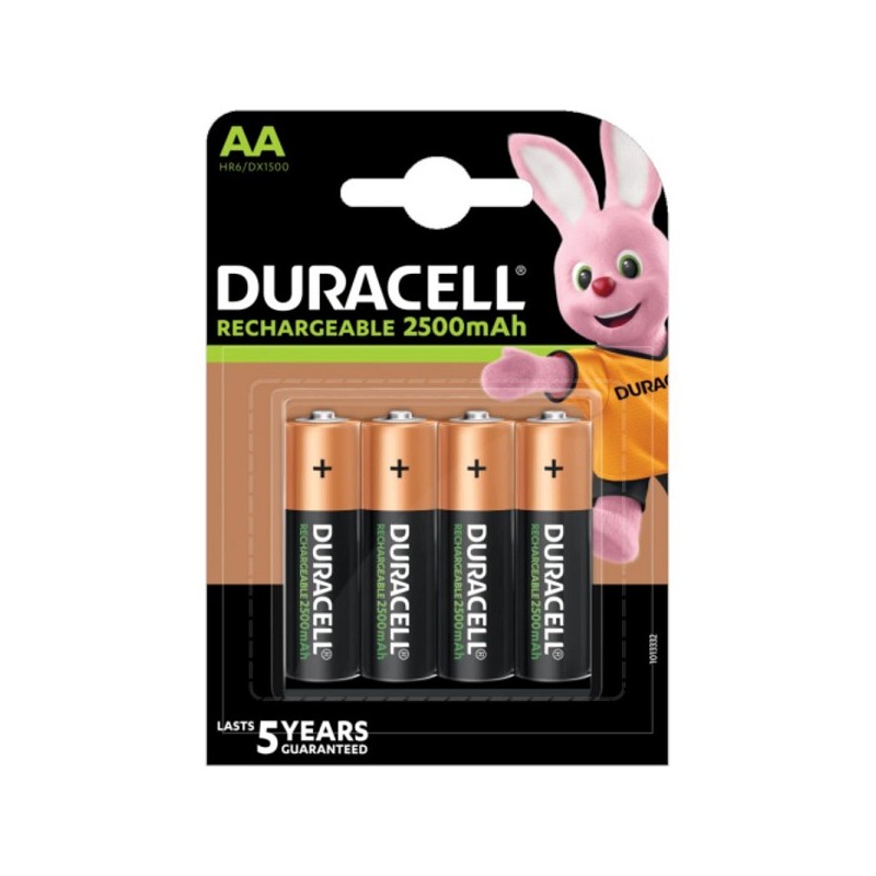 Duracell OPLAADBARE batterijen AA DX1500/HR6  2500 mAH 1,2 Volt precharged
Doos a 10 blisters a 4 stuks