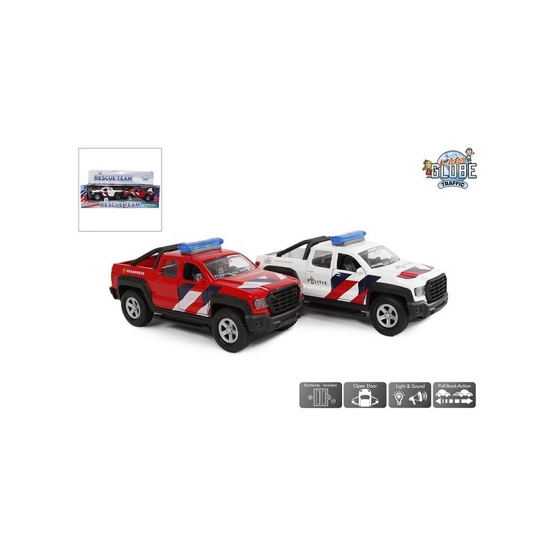 Kids Globe 2 hulpdiensten NL die cast pull back licht geluid 13,5cm politie en brandweer