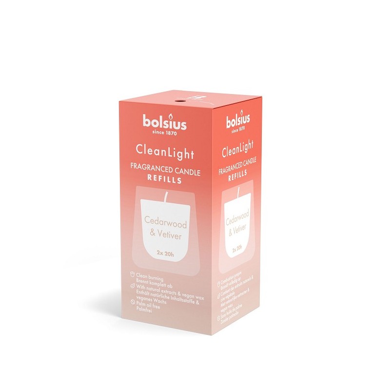 Bolsius Clean Light Geurnavulling 20u Cedarwood & Vetiver doosje a 2 stuks