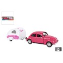 Welly VW coccinelle avec roue libre caravane 21cm rose