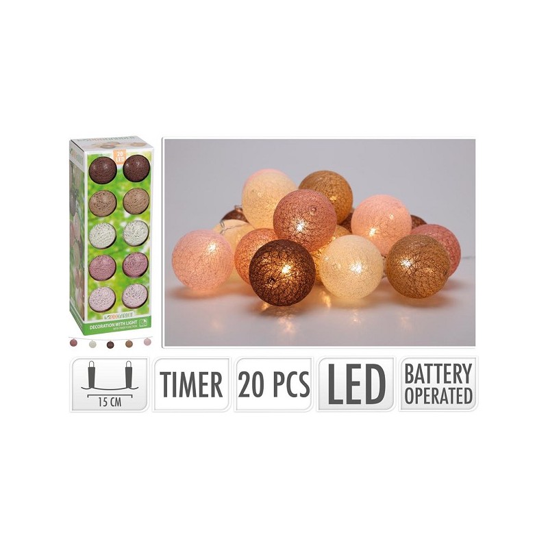 Decoratieslinger LED met 20 katoenen ballen met timer (excl. 3x AA batterij)