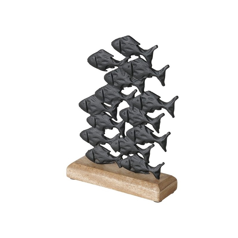 Boltze Home decoratief beeld Kala vissen aluminium zwart H22cm op mango houten voet