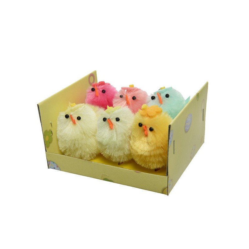 Decoris Kip chenille gekleurd L3-W2.8-H4cm doosje a 6 stuks
