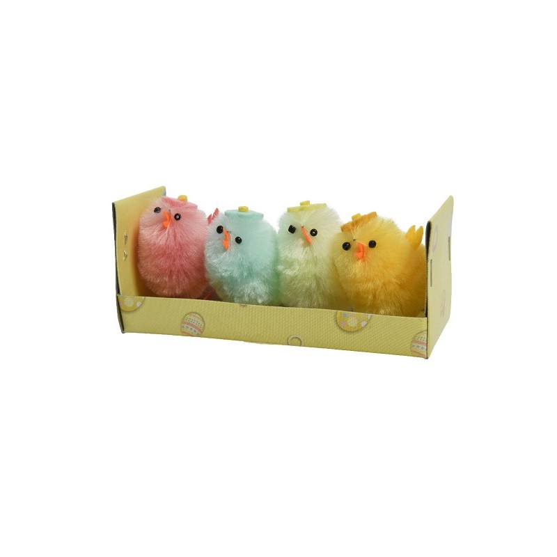 Decoris Kip chenille gekleurd L3-B2.8-H4cm doosje a 4 stuks