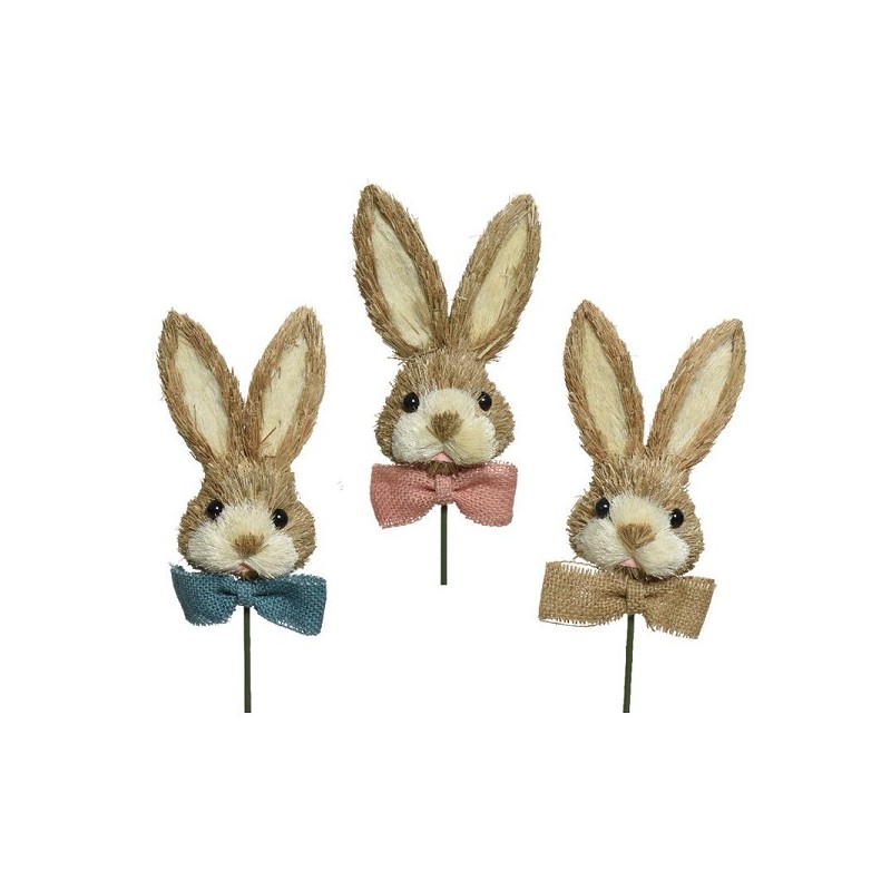 Decoris Herbe à lapin avec noeud en jute sur fiche L5-L11-H43cm disponible en bleu rose ou naturel