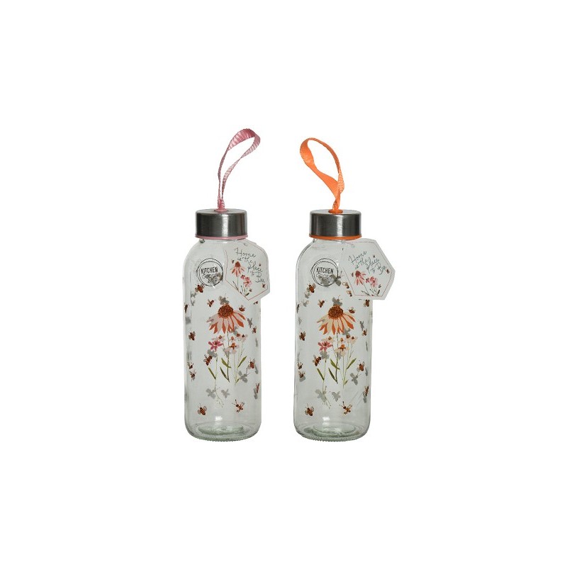 Decoris Waterfles glas met bloemenprint dia 6,4 cm  H19cm