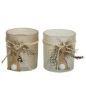 Decoris Theelichthouder glas met koord en daaraan veerjes en houten konijntje- dia8-H9cm