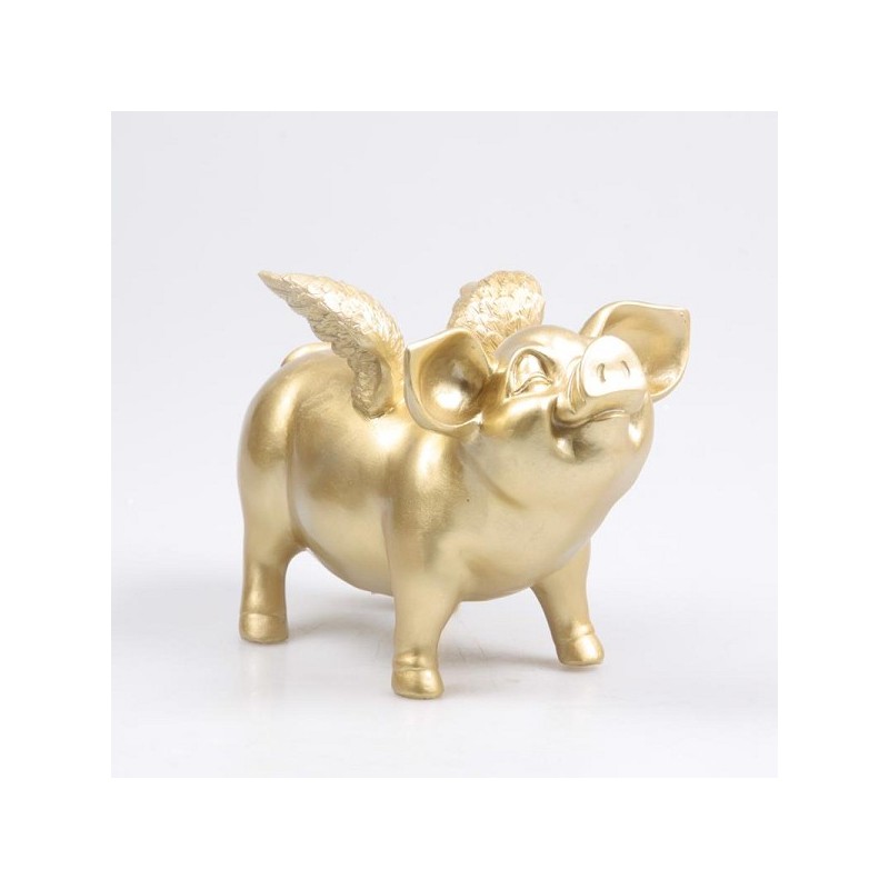 Stoobz Polystone beeld varken spaarpot met vleugels goud 14x25x15cm