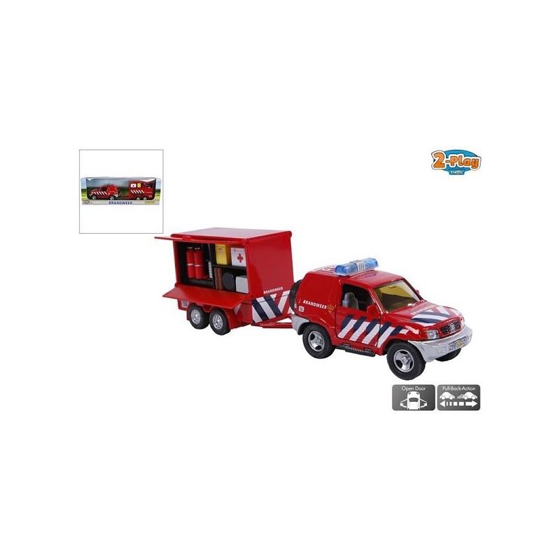 2-Play brandweer met aanhangwagen NL die cast pullback-action 25cm