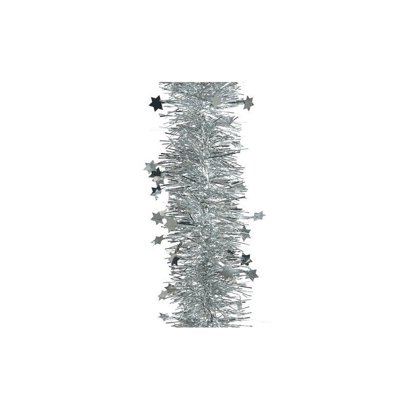 Decoris kerstboom guirlande tinsel glans ster 10cm x 270cm zilver