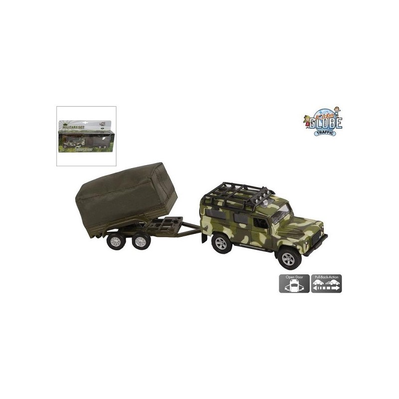 Kids Globe Land Rover avec remorque militaire moulé sous pression pb 27cm