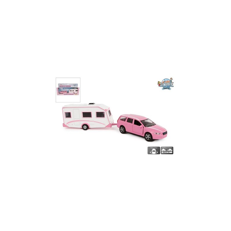 Kids Globe Volvo V70 met caravan rose die cast 30 cm pull-back action