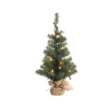 Everlands Mini Sapin de Noël Artificiel dans un sac de jute 90 cm avec 50 lumières LED blanc chaud dans un sac de jute. Fonction