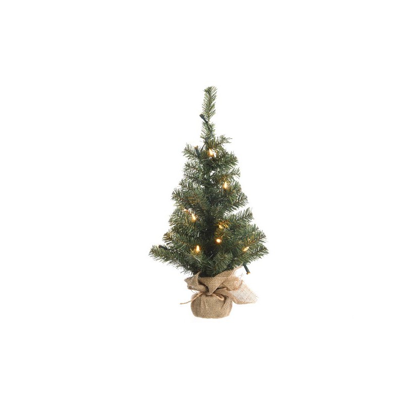 Everlands Mini Sapin de Noël Artificiel dans un sac de jute 90 cm avec 50 lumières LED blanc chaud dans un sac de jute. Fonction