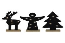 Vilt kerstfiguur op houten voet 8xLED engel 25x30cm/hert 19x32cm/boom 22x30,2cm, 2xAAA excl