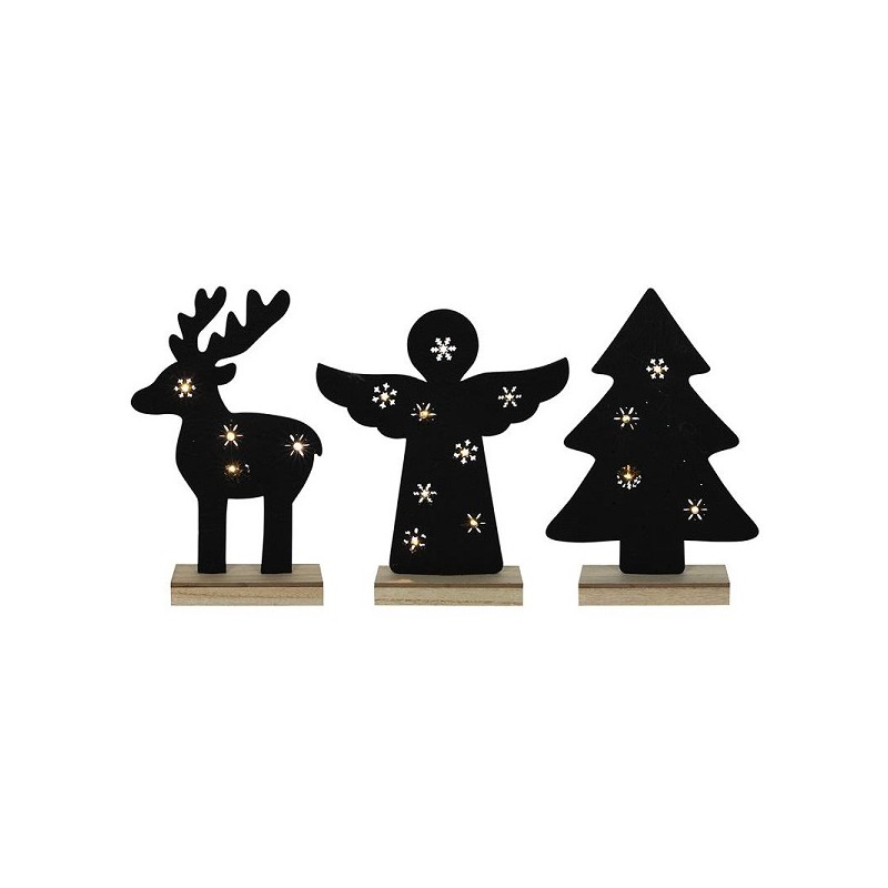 Vilt kerstfiguur op houten voet 8xLED engel 25x30cm/hert 19x32cm/boom 22x30,2cm, 2xAAA excl