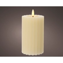 Lumineo LED kaars wax ribbel Crème H14,8cm Dia 7,5 cm met 6 uurs timer-werkt op batterijen 2x AAA ( niet inbegrepen)
