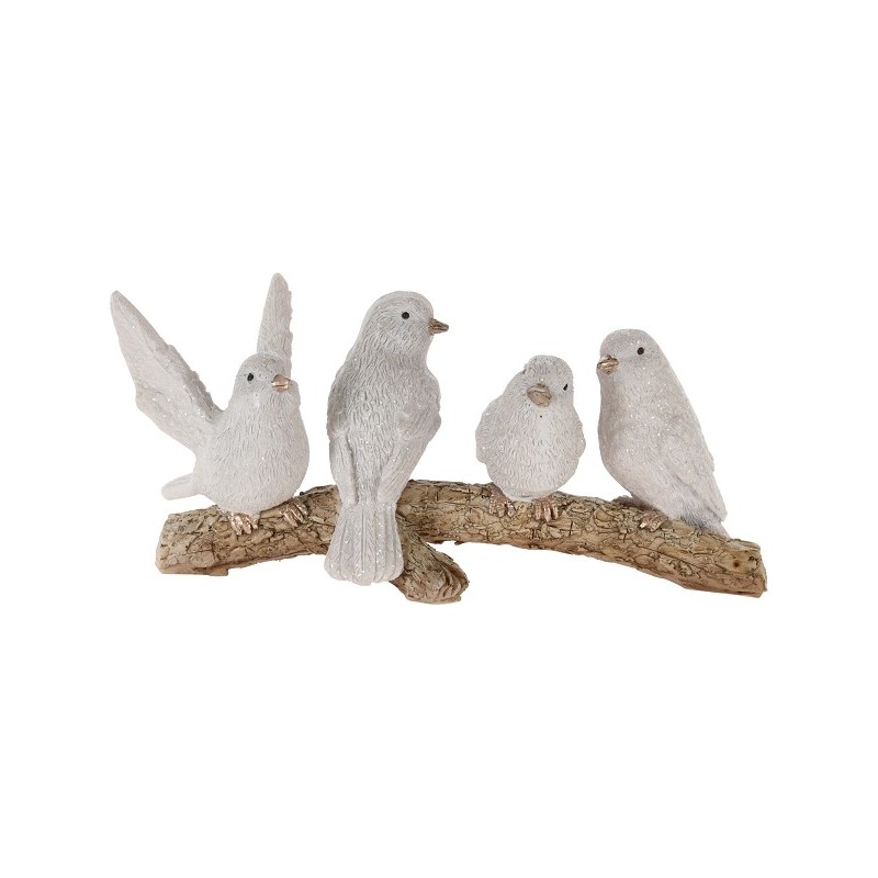 Vogels op tak polystone 16x7x7cm wit