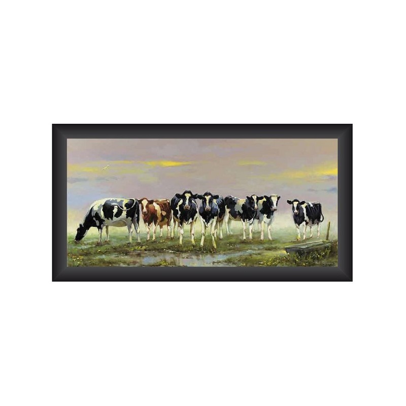 Schilderij koeien 7 op rij 40x80cm (zwarte lijst)